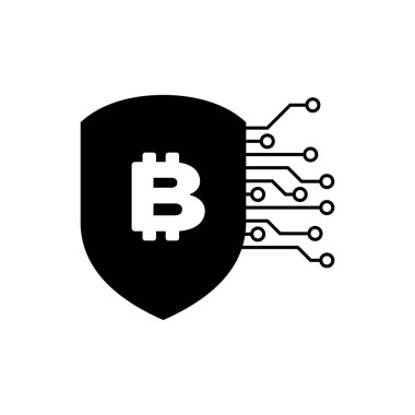 Bitcoin simgesi izole black shield. Kripto para madenciliği, blockchain teknolojisi, bitcoin, güvenlik, koruma, dijital para. Vektör İllüstrasyonu