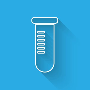 Beyaz Test tüpü veya şişesi - kimyasal laboratuvar test hattı simgesi uzun gölge ile izole. Laboratuvar, bilimsel cam işareti. Vektör İllüstrasyonu