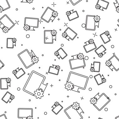 Siyah Bilgisayar monitörü ve dişli simgesi beyaz arka plan üzerinde sorunsuz desen izole. Uygulamayı ayarlama, ayarlama seçenekleri, bakım, onarım, monitör kavramlarını sabitleme. Vektör İllüstrasyonu