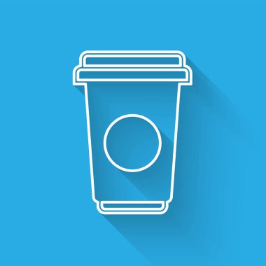 Beyaz Kahve fincan satır simgesi uzun gölge ile izole. Sıcak kahve ile tek kullanımlık kahve fincanı. Vektör İllüstrasyonu