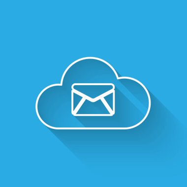 Beyaz Bulut posta sunucusu satır simgesi uzun gölge ile yalıtılmış. E-posta için bulut sunucusu barındırma. Çevrimiçi mesaj hizmeti. Posta kutusu işareti. Vektör İllüstrasyonu