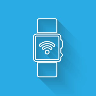 Uzun gölgeile izole kablosuz sembol simgesi ile Beyaz Smartwatch. Vektör İllüstrasyonu