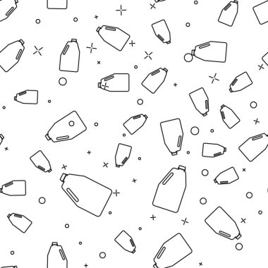 Siyah Ev kimyasallar boş plastik şişe simgesi beyaz arka plan üzerinde sorunsuz desen izole. Sıvı deterjan veya sabun, leke çıkarıcı, çamaşır suyu. Vektör İllüstrasyonu