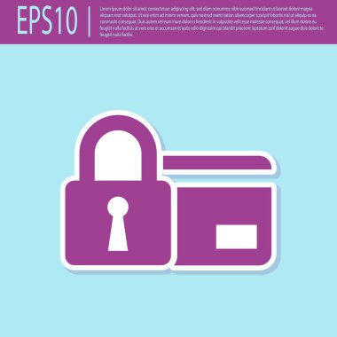 Turkuaz arka planda izole kilit simgesi ile Retro mor Kredi kartı. Kilitli banka kartı. Güvenlik, güvenlik, koruma konsepti. Güvenli bir ödeme kavramı. Vektör İllüstrasyonu