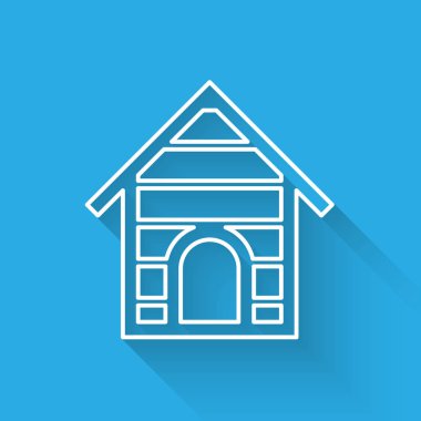 Beyaz Köpek ev satır simgesi uzun gölge ile izole. Köpek kulübesi. Vektör İllüstrasyonu