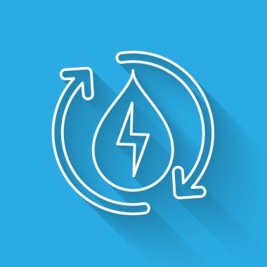 Beyaz Geri Dönüşüm temiz aqua line simgesi uzun gölge ile izole. Su geri dönüşüm enerji sembolü. Geri dönüşüm ile su damlası. Su yenileme okları. Vektör İllüstrasyonu