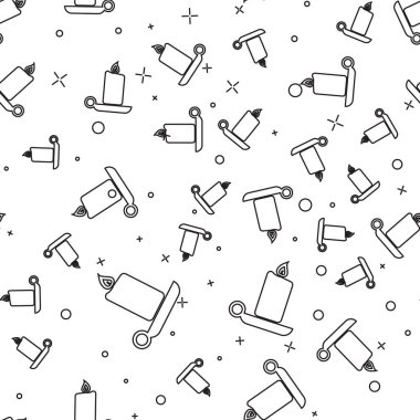 Mum çubuğu simgesindeki Siyah Yanan mum beyaz arka plan üzerinde yalıtılmış dikişsiz desen. Eski moda yanan mum. Yanan alev ile silindirik aromatik mum çubuğu. Vektör İllüstrasyonu