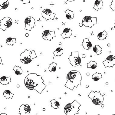 Siyah İnsan beyni olarak dijital devre kartı simgesi beyaz arka plan üzerinde sorunsuz desen izole. Yapay zeka. İnsan kafası içinde devre hatları ile anahat. Vektör İllüstrasyonu