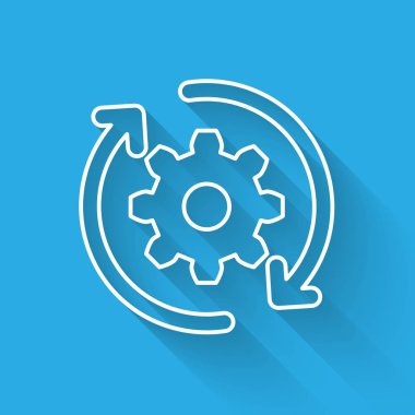 Beyaz Dişli ve oklar iş akışı kavram simgesi olarak uzun gölge ile izole. Dişli yeniden yükleme işareti. Vektör İllüstrasyonu