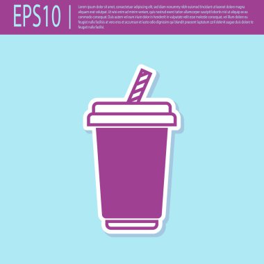 Turkuaz arka plan üzerinde izole su simgesi ile Retro mor Cam. Soda, pipetli bardak içilir. Taze soğuk içecek sembolü. Vektör İllüstrasyonu