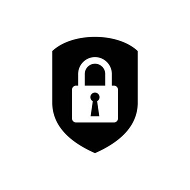 Kilit simgesi izole edilmiş Black Shield güvenliği. Koruma, güvenlik, şifre güvenliği. Güvenlik duvarı erişim gizlilik işareti. Vektör İllüstrasyonu