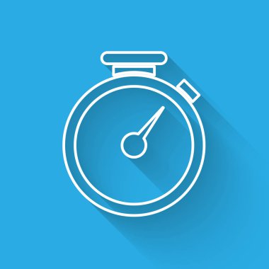 Uzun gölgeyle yalıtılmış Beyaz Kronometre simgesi. Zaman layıcı işareti. Vektör İllüstrasyonu