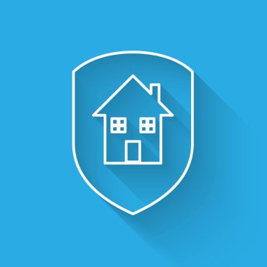 Beyaz Saray koruma hattı simgesi altında uzun gölge ile izole. Ev ve kalkan. Koruma, güvenlik, güvenlik, koruma, savunma konsepti. Vektör İllüstrasyonu