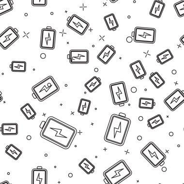 Siyah Pil simgesi beyaz arka plan üzerinde sorunsuz desen izole. Yıldırım sembolü. Vektör İllüstrasyonu