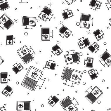 Monitör simgesi siyah Tıbbi klinik kayıt pet beyaz arka plan üzerinde izole dikişsiz desen. Sağlık sigortası formu. Reçete, tıbbi kontrol izleri raporu. Vektör İllüstrasyonu