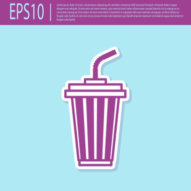 Turkuaz arka plan üzerinde izole su simgesi ile Retro mor Cam. Soda, pipetli bardak içilir. Taze soğuk içecek sembolü. Vektör İllüstrasyonu