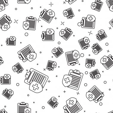 Sağlık sigortası simgesi beyaz arka plan üzerinde izole dikişsiz desen ile Siyah Pano. Hasta koruma. Pano ve kalkan bir sembol sigorta olarak bir haç ile. Vektör İllüstrasyonu