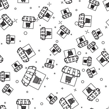 Siyah Alışveriş binası veya market mağazası ile alışveriş sepeti simgesi beyaz arka plan üzerinde izole sorunsuz desen. Dükkan inşaatı. Süpermarket sepeti sembolü. Vektör İllüstrasyonu