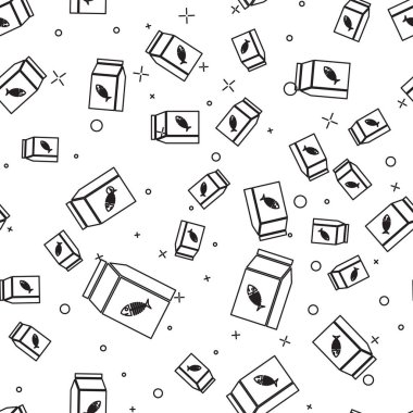 Beyaz arka plan üzerinde kedi simgesi izole dikişsiz desen için gıda Siyah Çanta. Balık iskeleti işareti. Hayvanlar için yiyecek. Evcil hayvan yiyecek paketi. Vektör İllüstrasyonu