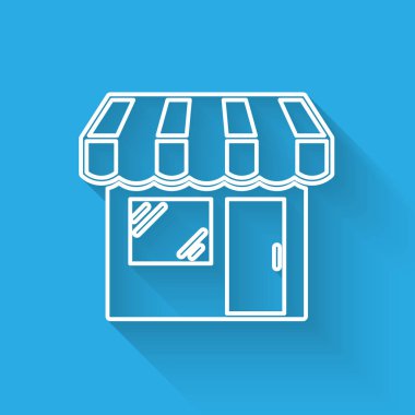 Beyaz Alışveriş bina veya market mağaza hattı simgesi uzun gölge ile izole. Dükkan inşaatı. Vektör İllüstrasyonu