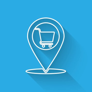 Uzun gölgeile yalıtılmış alışveriş sepeti satır simgesi ile Beyaz Harita işaretçisi. Pin point dükkanı ve alışveriş. Süpermarket sepeti sembolü. Vektör İllüstrasyonu