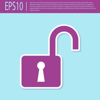 Retro mor Açık asma kilit simgesi turkuaz arka plan üzerinde izole. Kilit işaretini açtı. Siber güvenlik konsepti. Dijital veri koruması. Güvenlik güvenliği. Vektör İllüstrasyonu