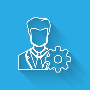 Beyaz Profil ayarları simgesi uzun gölge ile yalıtılmış. Kullanıcı ayarı simgesi. Cogwheel işareti ile Profil Avatar. Hesap simgesi. Erkek silueti. Vektör İllüstrasyonu