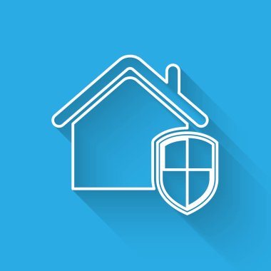 Beyaz Saray koruma hattı simgesi altında uzun gölge ile izole. Ev ve kalkan. Koruma, güvenlik, güvenlik, koruma, savunma konsepti. Vektör İllüstrasyonu