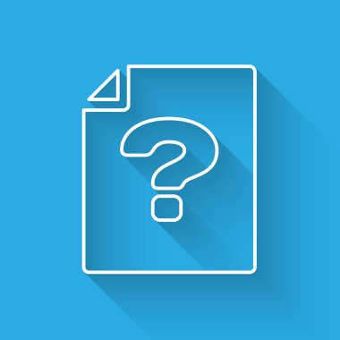 Beyaz Bilinmeyen belge satırı simgesi uzun gölgeile yalıtılmış. Soru işareti içeren dosya. Raporu, hizmeti ve genel arama işaretini tutun. Vektör İllüstrasyonu