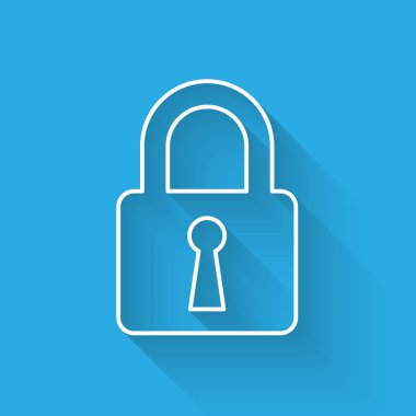 Uzun gölgeyle yalıtılmış Beyaz Kilit çizgisi simgesi. Kapalı asma kilit işareti. Siber güvenlik konsepti. Dijital veri koruması. Güvenlik güvenliği. Vektör İllüstrasyonu