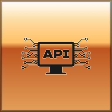 Siyah Bilgisayar api arayüz simgesi altın arka plan üzerinde izole. Uygulama programlama arayüzü Api teknolojisi. Yazılım entegrasyonu. Vektör İllüstrasyonu