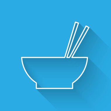 Asya gıda ve uzun gölge ile izole çubukları siluet simgesi çifti ile White Bowl. Hazırlık kavramı, doğu diyeti. Vektör İllüstrasyonu