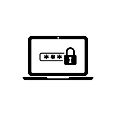 Şifreli siyah dizüstü bilgisayar ve kilit simgesi izole edildi. Güvenlik kavramı, kişisel erişim, kullanıcı yetkisi, giriş formu. Vektör İllüstrasyonu