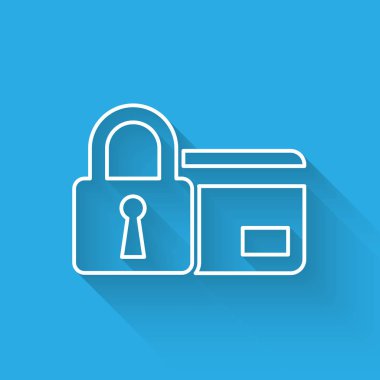 Uzun gölge ile izole kilit hattı simgesi ile Beyaz Kredi kartı. Kilitli banka kartı. Güvenlik, güvenlik, koruma konsepti. Güvenli bir ödeme kavramı. Vektör İllüstrasyonu