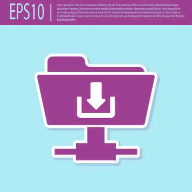 Turkuaz arka plan retro mor Ftp klasör indirme simgesi. Yazılım güncelleştirme, transfer protokolü, yönlendirici, takım çalışması araç yönetimi, kopyalama süreci kavramı. Düz tasarım. Vektör İllüstrasyonu