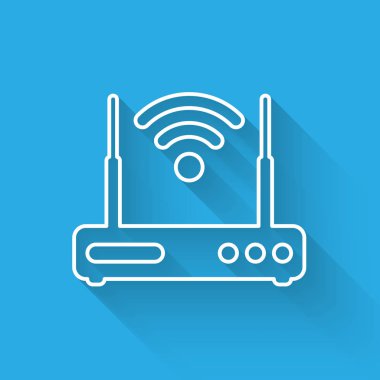 Beyaz Yönlendirici ve wi-fi sinyal sembolü simgesi uzun gölge ile izole. Kablosuz ethernet modem yönlendirici. Bilgisayar teknolojisi internet. Vektör İllüstrasyonu