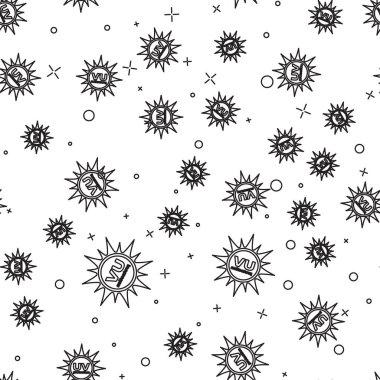 Siyah Uv koruma simgesi beyaz arka plan üzerinde sorunsuz desen izole. Ultraviyole ışınları radyasyon. Spf güneş işareti. Vektör İllüstrasyonu