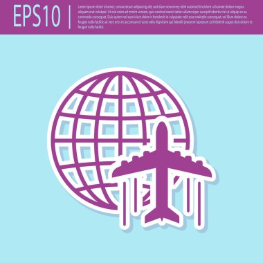 Retro mor Küre uçan uçak simgesi turkuaz arka plan üzerinde izole ile. Uçak dünya gezegeninin etrafında uçar. Uçak dünya simgesi. Düz tasarım. Vektör İllüstrasyonu