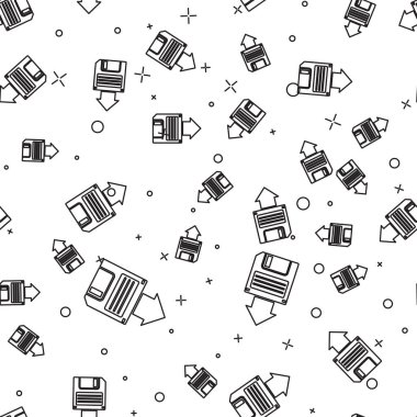 Siyah Disket yedekleme simgesi beyaz arka plan üzerinde sorunsuz desen yalıtılmış. Disket işareti. Vektör İllüstrasyonu