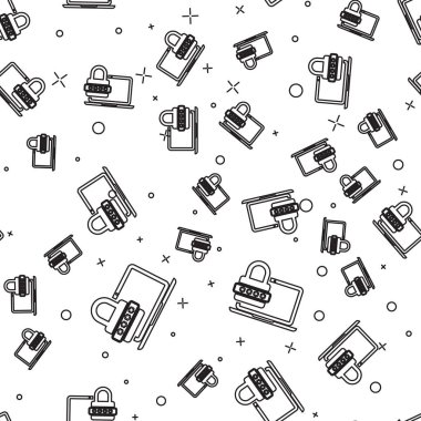 Siyah Laptop ile şifre bildirimi ve kilit simgesi beyaz arka plan üzerinde sorunsuz desen izole. Güvenlik kavramı, kişisel erişim, kullanıcı yetkilendirme, giriş formu. Vektör İllüstrasyonu