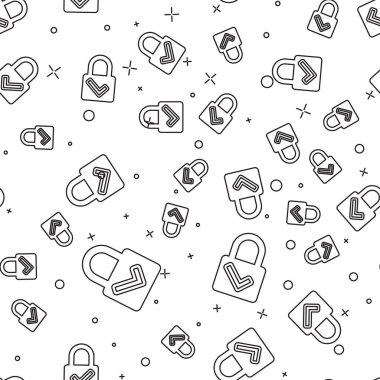 Siyah Açık asma kilit ve onay işareti simgesi beyaz arka plan üzerinde yalıtılmış sorunsuz desen. Siber güvenlik konsepti. Dijital veri koruması. Güvenlik güvenliği. Vektör İllüstrasyonu