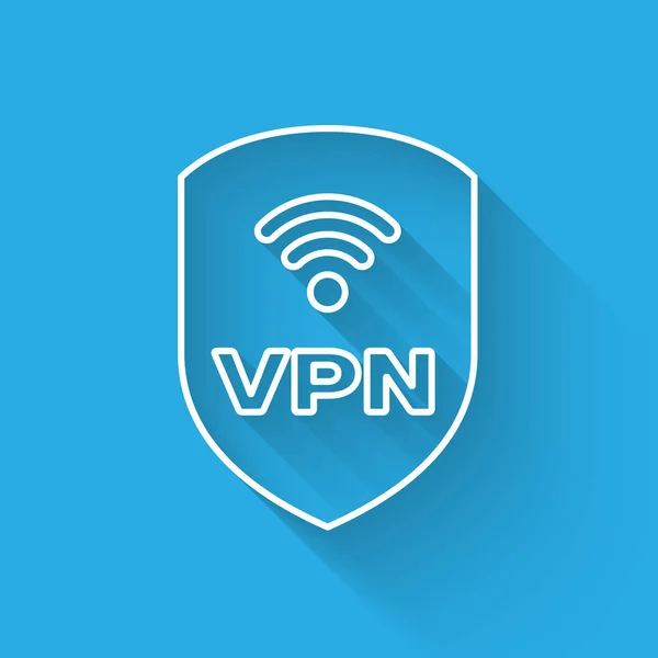 Vpnと無線LAN無線インターネットネットワークシンボルラインアイコンとホワイトシールドは、長い影で隔離されています。VPNは安全コンセプトを保護します。ベクトルイラストレーション — ストックベクタ