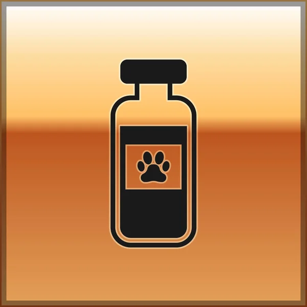 Czarny zwierzęta fiolka ikona medyczna wyizolowana na złotym tle. Lek na receptę dla zwierząt. Ilustracja wektorowa — Wektor stockowy