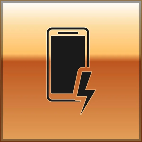 Ícone de bateria de carregamento de Smartphone preto isolado em fundo dourado. Telefone com bateria fraca. Ilustração vetorial —  Vetores de Stock