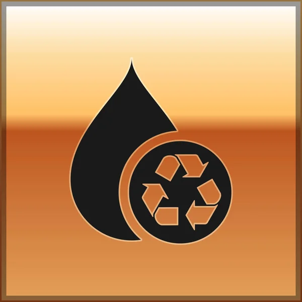 Schwarz recyceln sauberes Aqua-Symbol isoliert auf goldenem Hintergrund. Wassertropfen mit Zeichenrecycling. Vektorillustration — Stockvektor
