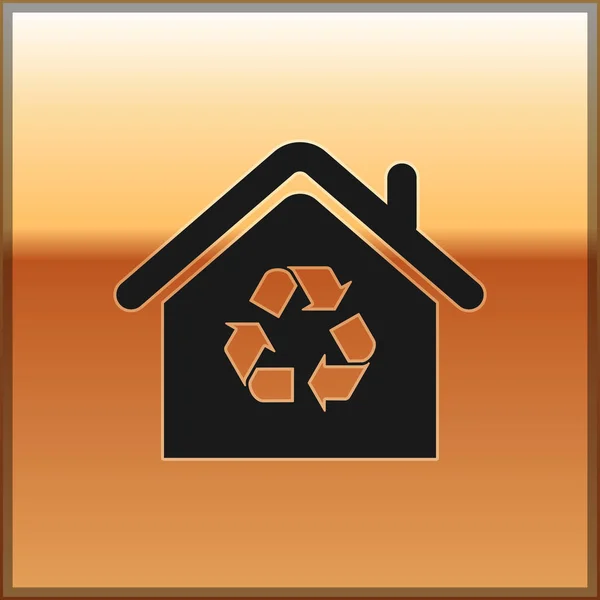 Zwart eco huis met recycling symbool icoon geïsoleerd op gouden achtergrond. Ecologie huis met recycle pijlen. Vector illustratie — Stockvector