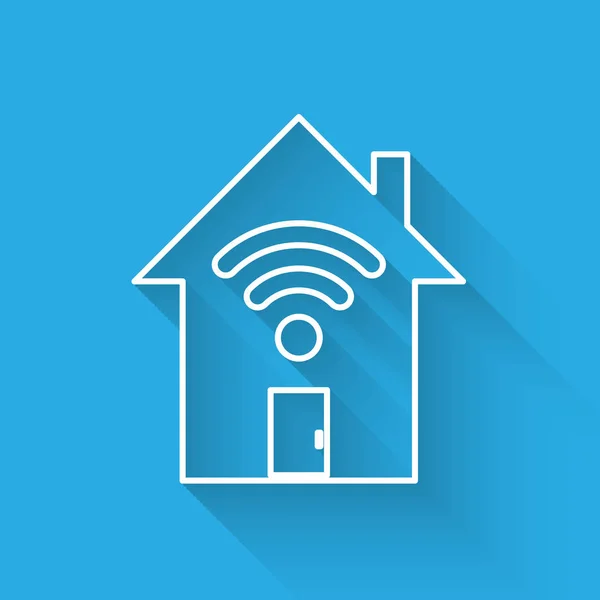 Weißes Smart Home mit Wi-Fi-Line-Symbol isoliert mit langem Schatten. Fernbedienung. Vektorillustration — Stockvektor