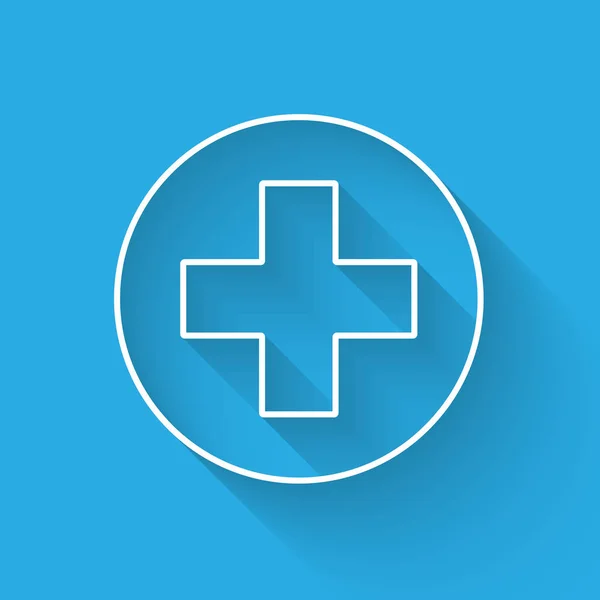 Salib medis putih dalam lingkaran ikon terisolasi dengan bayangan panjang. Simbol medis pertolongan pertama. Ilustrasi Vektor - Stok Vektor