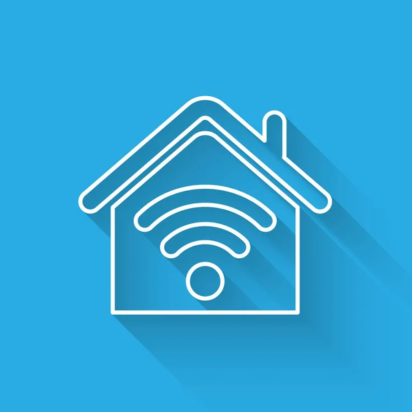 Casa inteligente blanca con icono de línea wi-fi aislado con sombra larga. Control remoto. Ilustración vectorial — Vector de stock