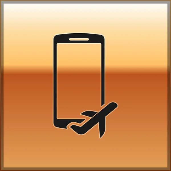 Modo de voo preto no ícone do telefone móvel isolado em fundo dourado. Avião ou avião voo off-line modo de regulação de passageiros companhia aérea. Ilustração vetorial — Vetor de Stock